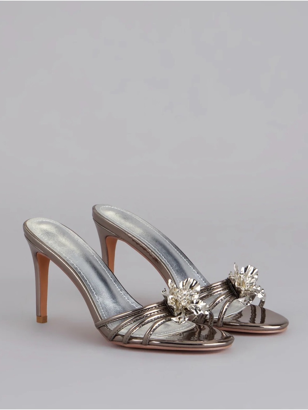 REVOLVE Metallic Silver Floral-Embellished High Heel Mules